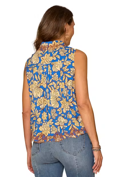 Sleeveless Blouse with Collared Neck and Scallop Hem