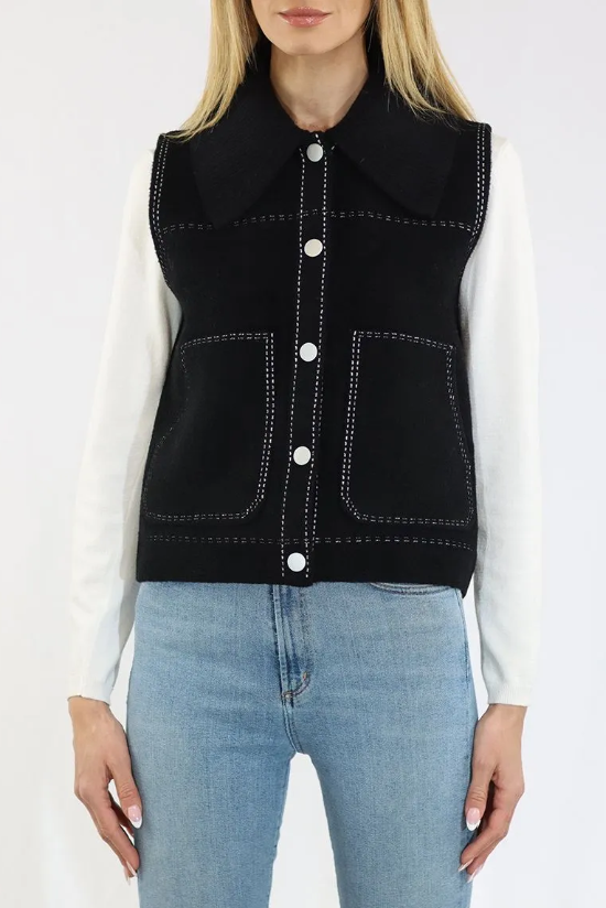 Black Snap Front Vest with Contrast Stitching