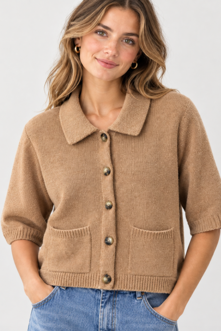 Collared Short Sleeve Button Front Cardigan in Camel