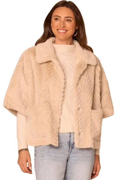 3/4 Caplet Sleeve Faux Fur Coat