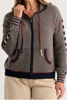 Birds Eye Zip Front Hooded Sweater in Dark Denim