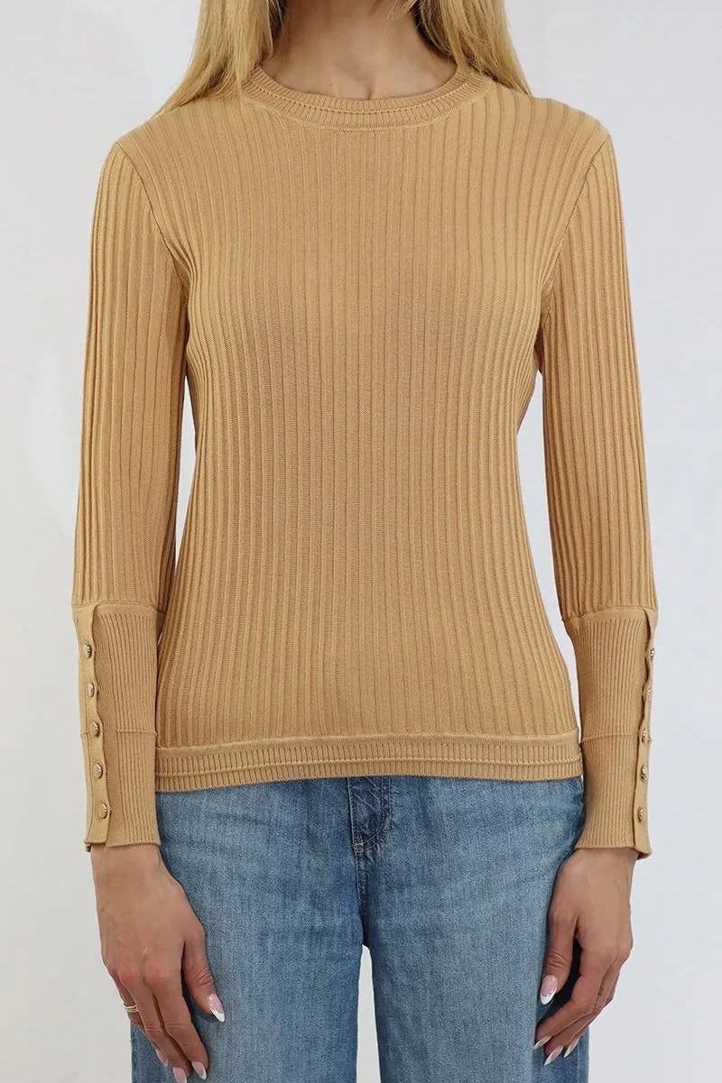 Ribbed Crew Neck Long Sleeve Sweater in Taffy