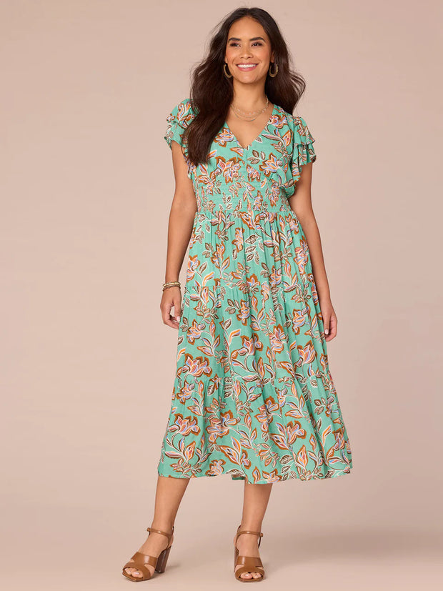 Double Flutter Sleeve V-Neck Smocked Waist Tiered Printed Woven Dress