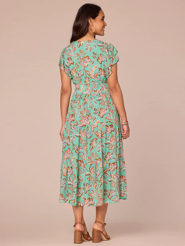 Double Flutter Sleeve V-Neck Smocked Waist Tiered Printed Woven Dress