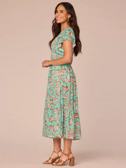 Double Flutter Sleeve V-Neck Smocked Waist Tiered Printed Woven Dress
