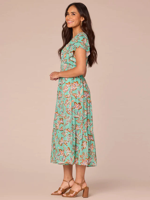 Double Flutter Sleeve V-Neck Smocked Waist Tiered Printed Woven Dress