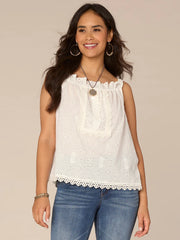 Wide Strap Ruffle Square Neck Embroidered Mixed Media Woven Tank Top