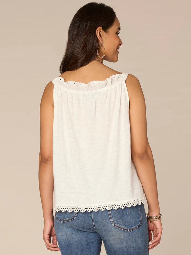 Wide Strap Ruffle Square Neck Embroidered Mixed Media Woven Tank Top