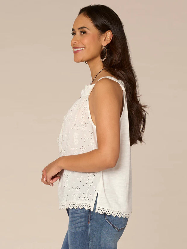 Wide Strap Ruffle Square Neck Embroidered Mixed Media Woven Tank Top