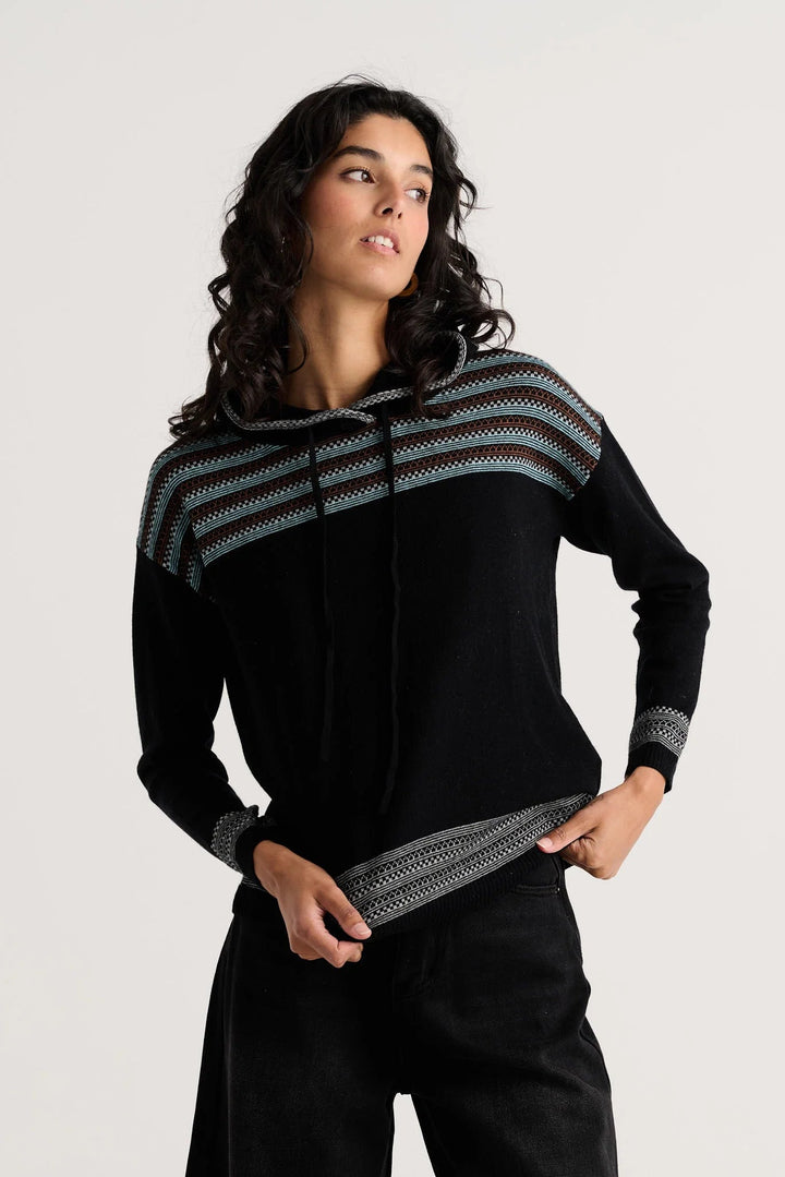 Fair Isle Pullover Hoodie Sweater in Black