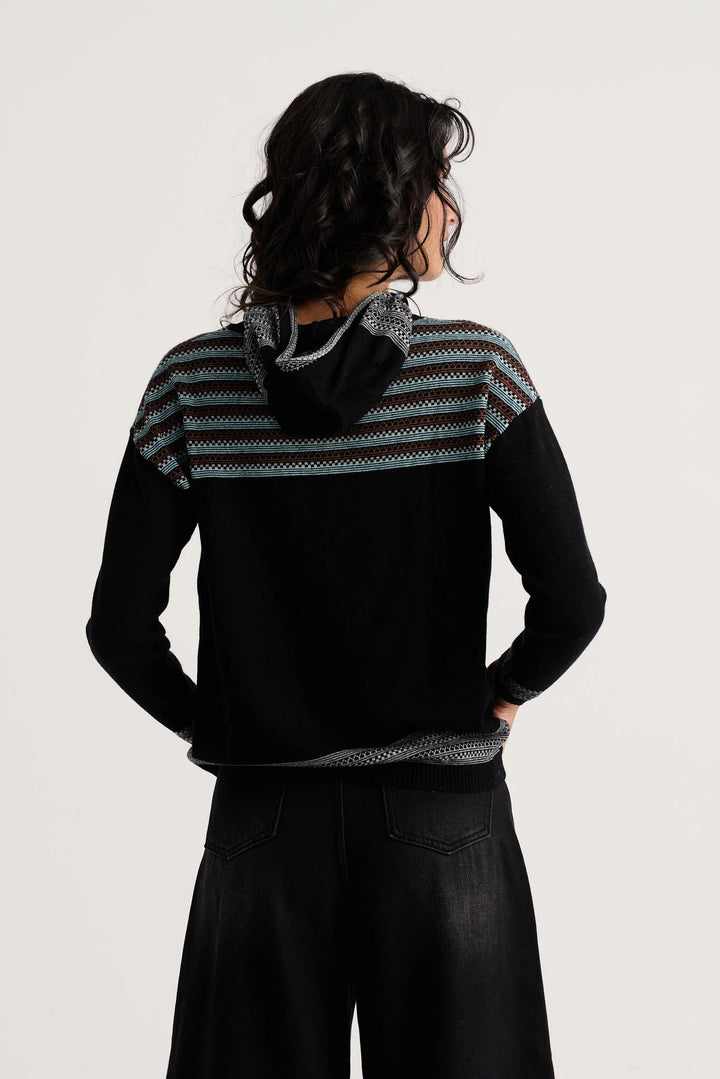 Fair Isle Pullover Hoodie Sweater in Black