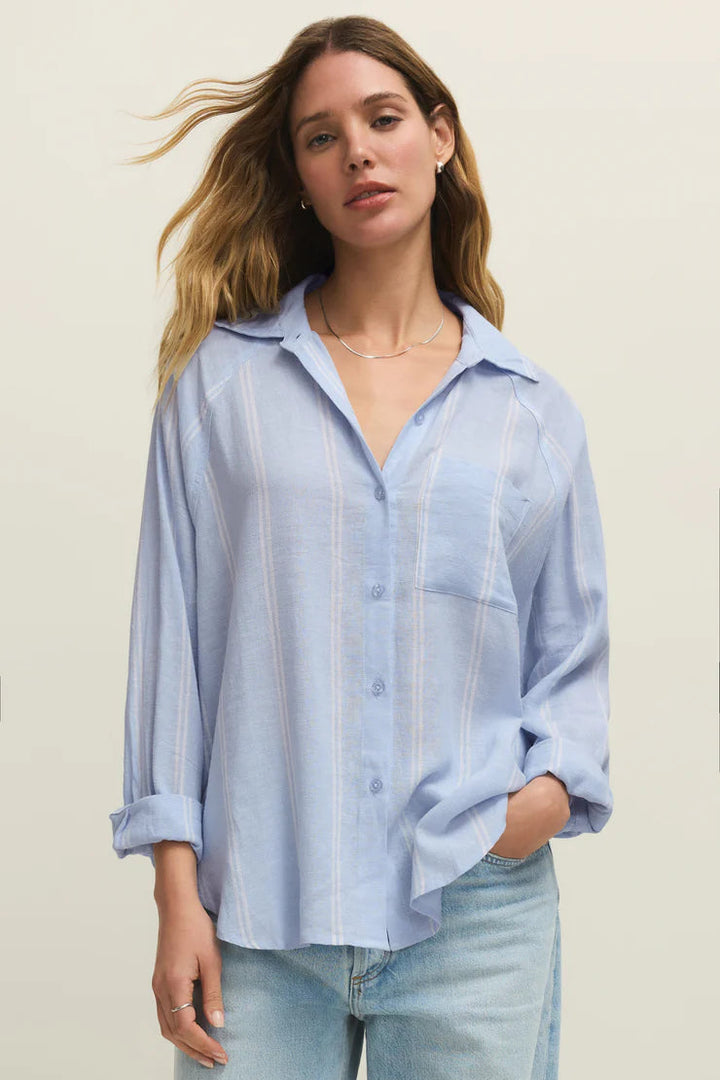 Perfect Stripe Linen Top in Blue
