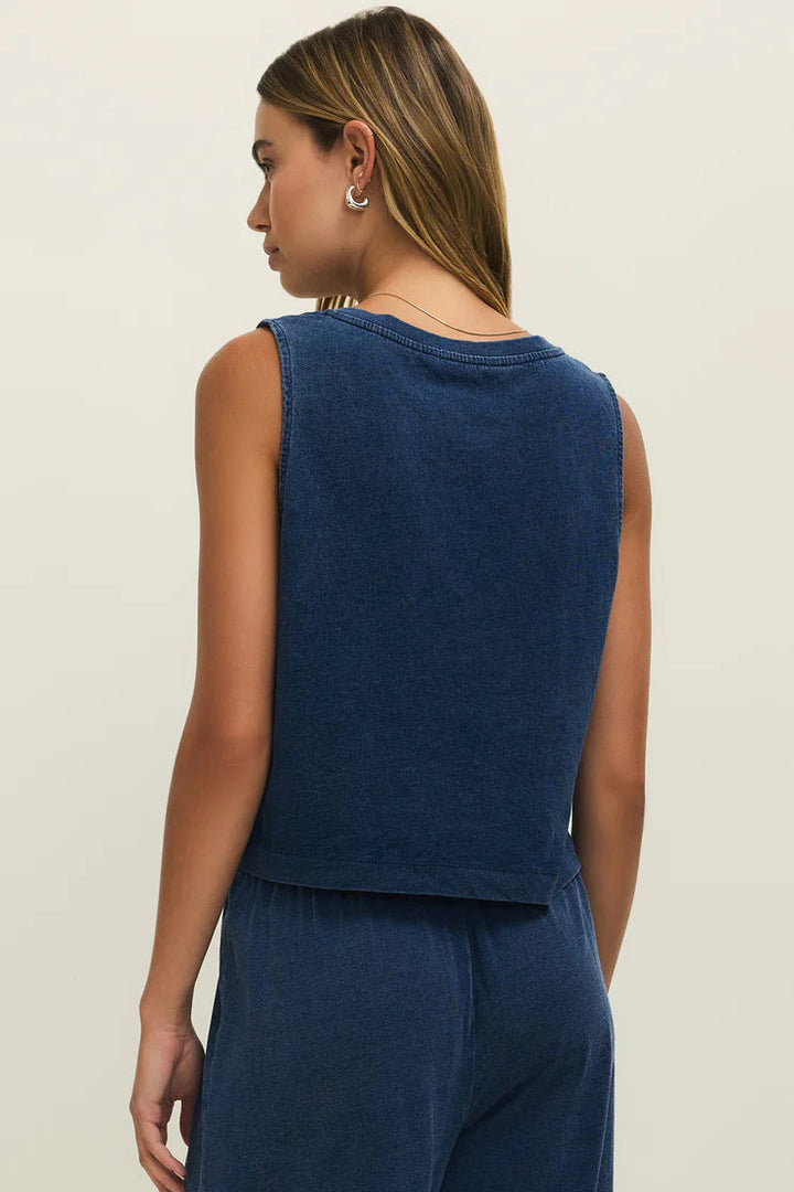 Sloane V-Neck Jersey Denim Tank in Indigo