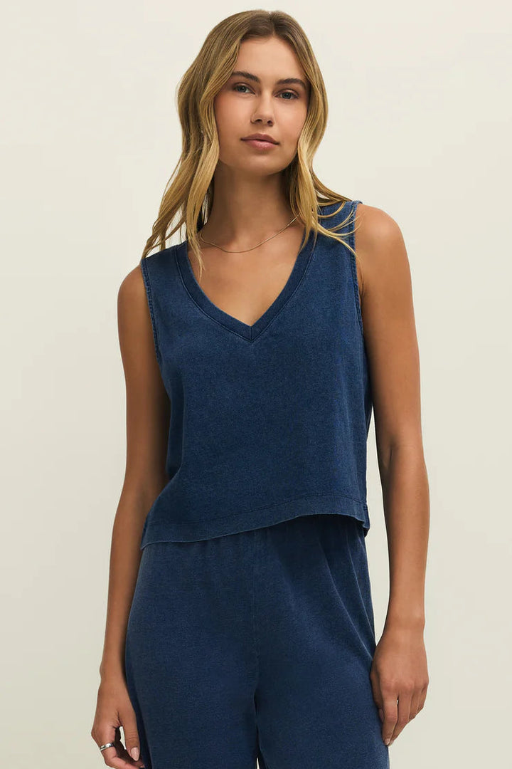 Sloane V-Neck Jersey Denim Tank in Indigo
