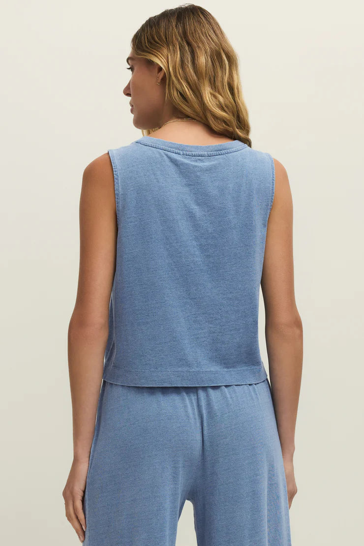 Sloane V-Neck Jersey Denim Tank in Santorini indigo