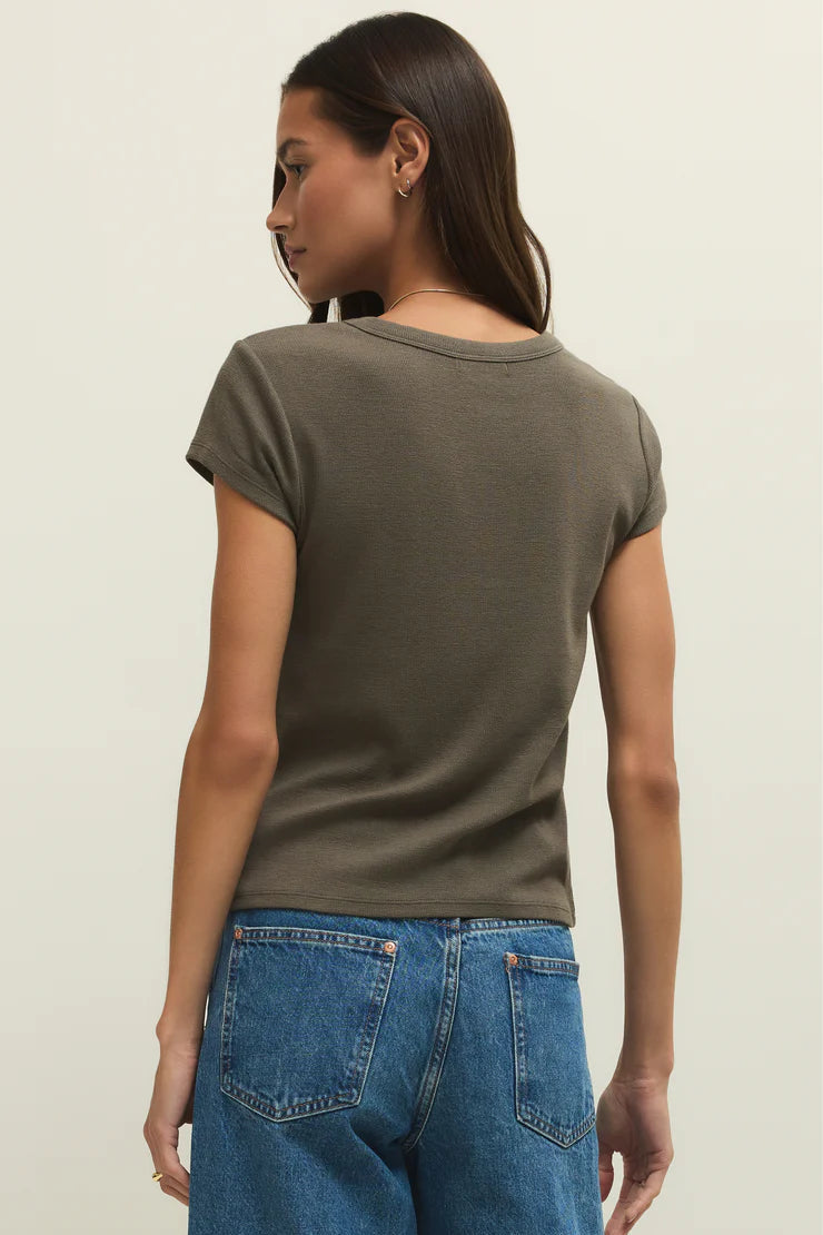 Renee Rib Short Sleeve Top in Khaki Green