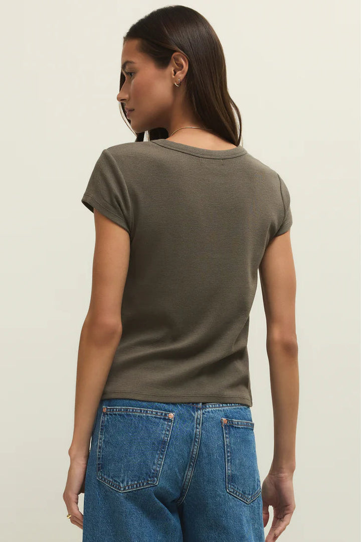 Renee Rib Short Sleeve Top in Khaki Green