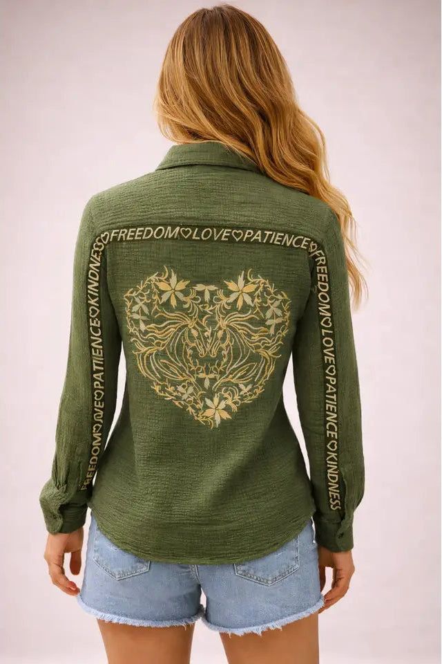 Embroidered Heart Western Shirt in Olive