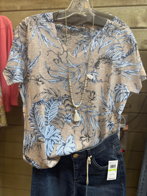 Print short sleeve slub yarn top