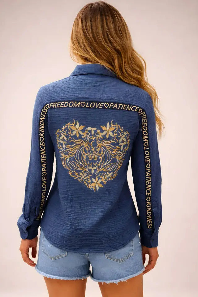 Embroidered Heart Western Shirt in Denim