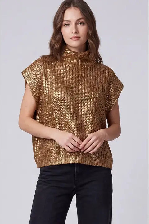 Metallic Foil Drop Sleeve Mock Neck Sweater