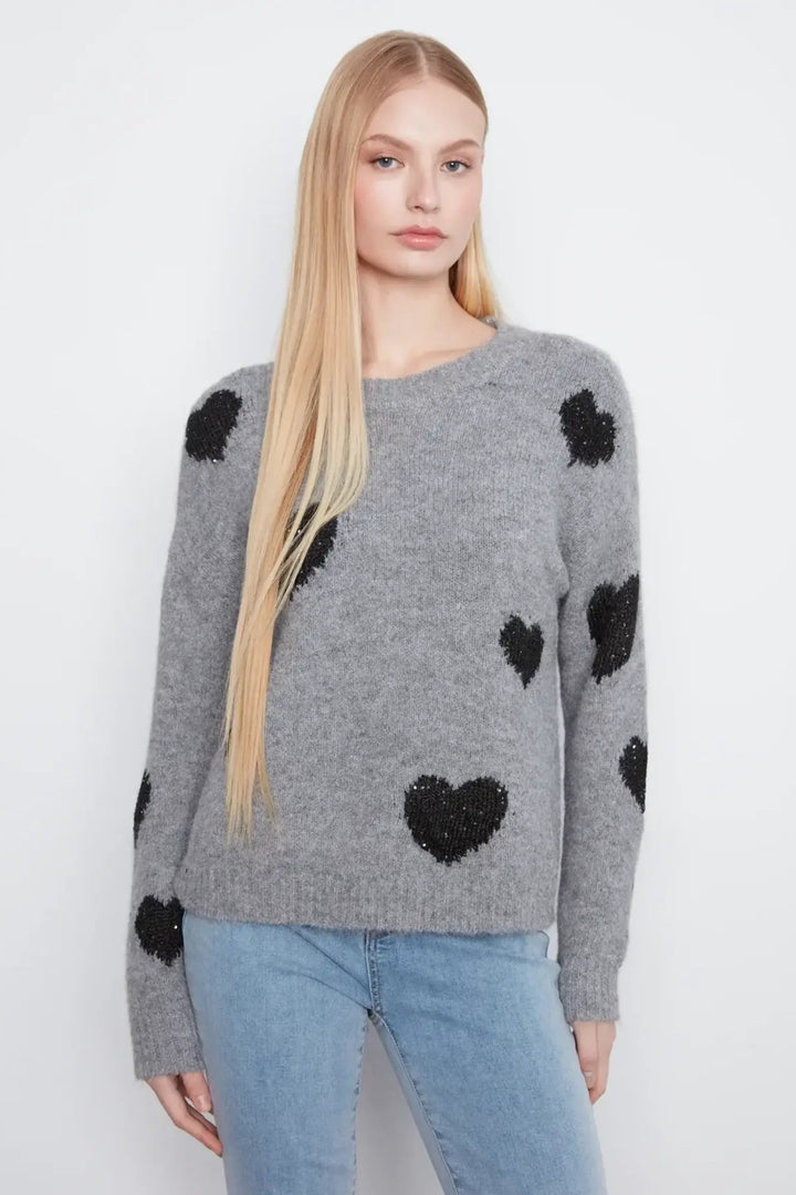 Drop Shoulder Heart Print Sweater