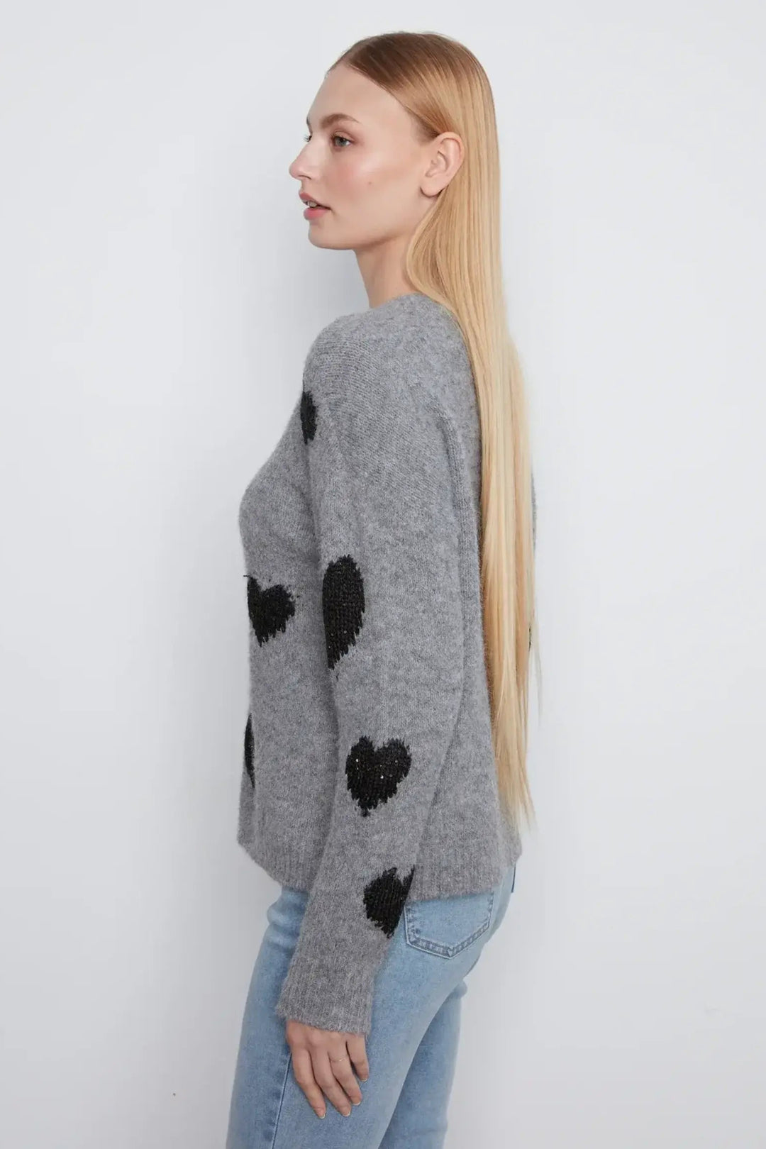 Drop Shoulder Heart Print Sweater