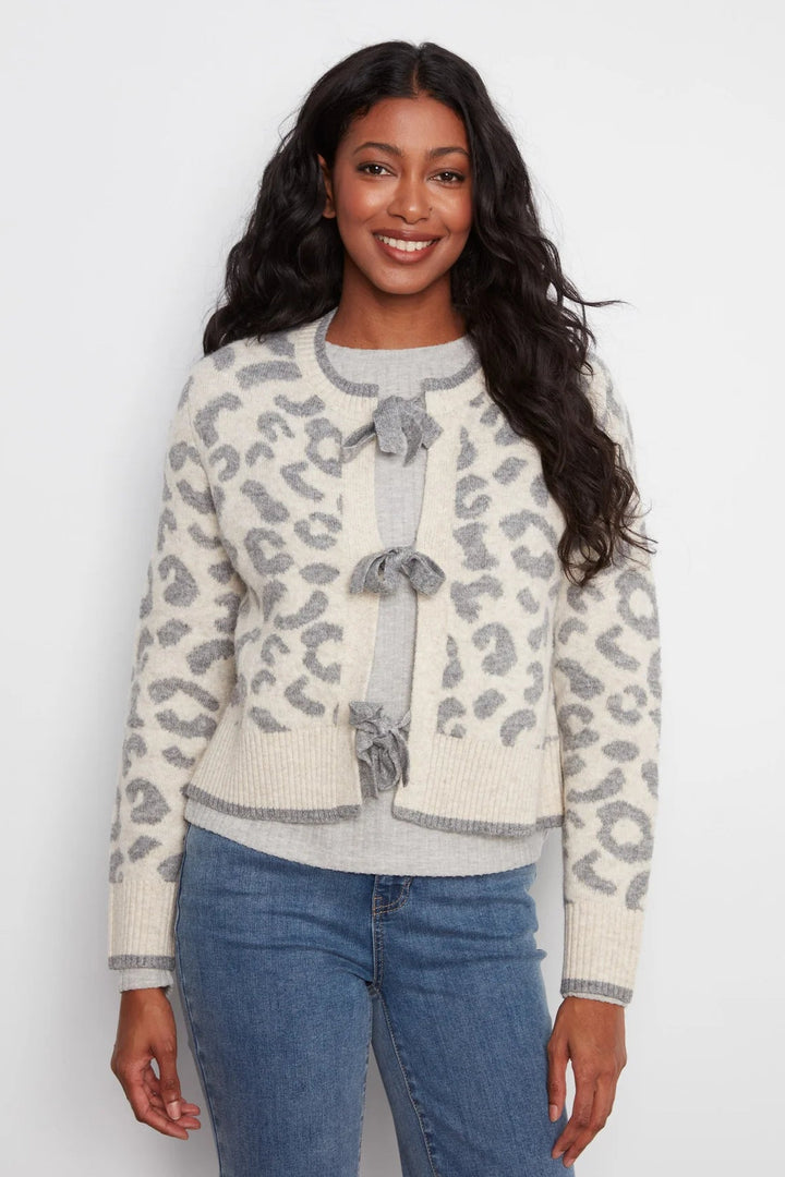 Leopard Print Knit Cardigan with Bow-Ties
