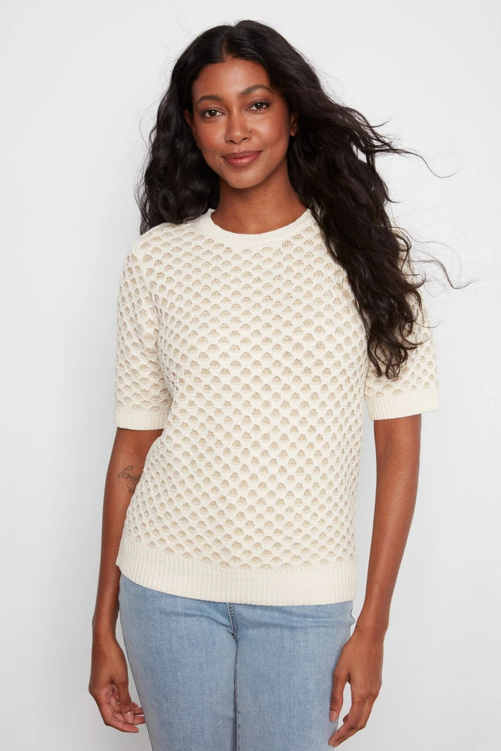 Short Sleeve Metallic Honeycomb Knit Sweater