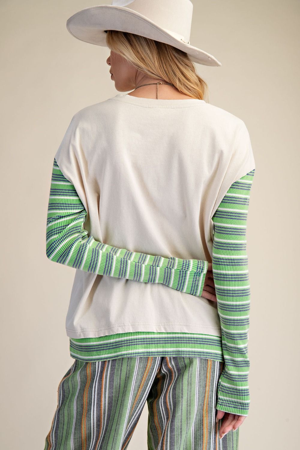 Stripe Sleeve Patchwork Top in Natural