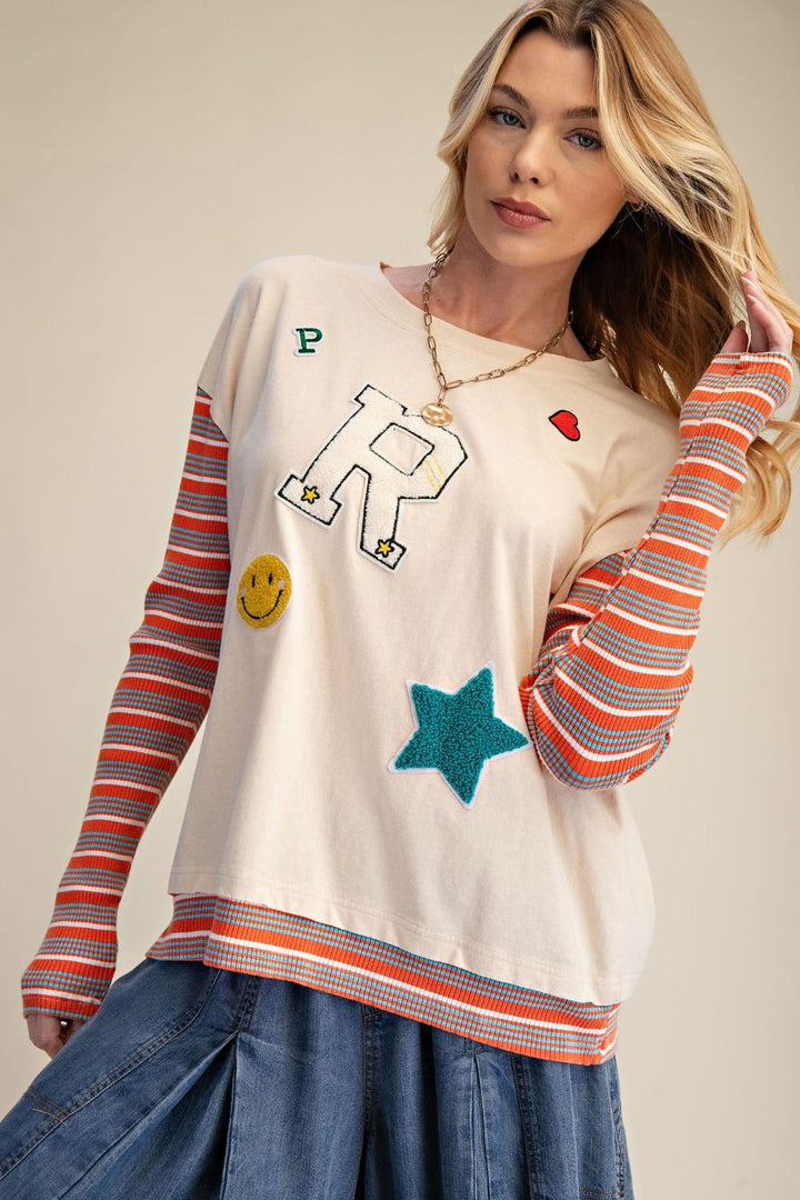 Stripe Sleeve Patchwork Top in Ecru