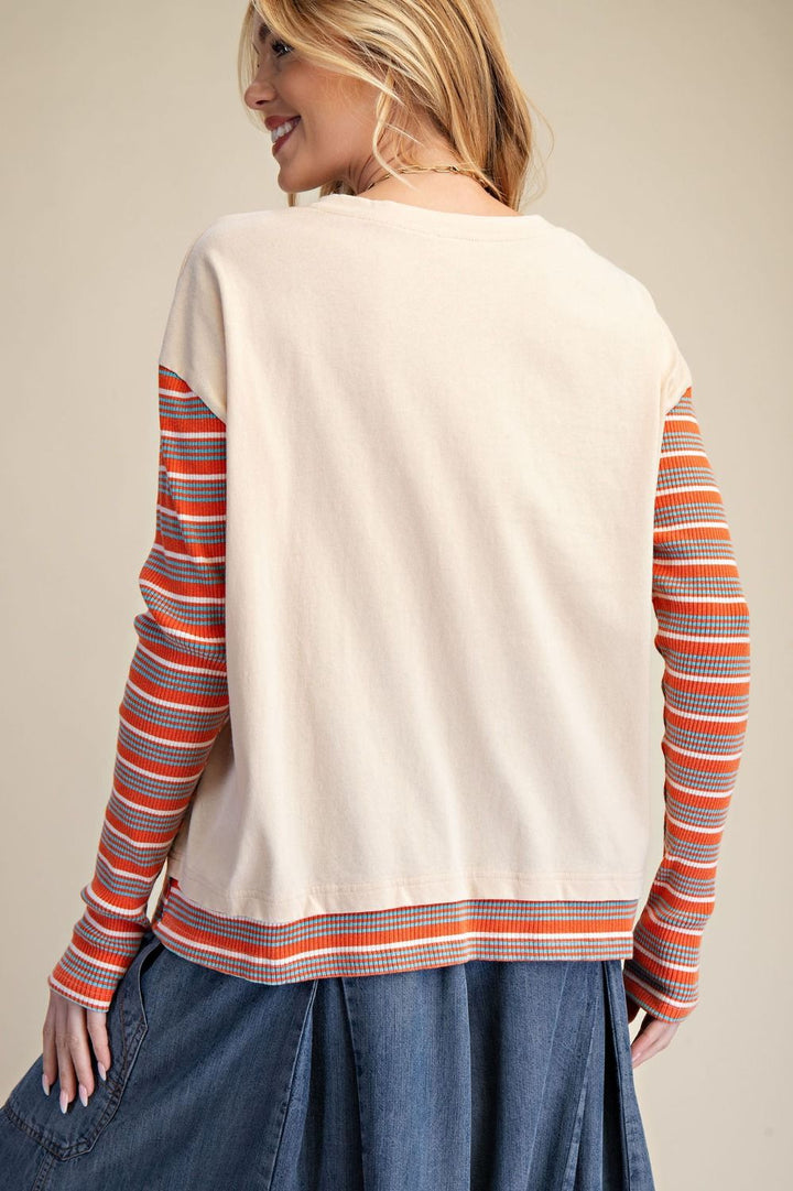 Stripe Sleeve Patchwork Top in Ecru