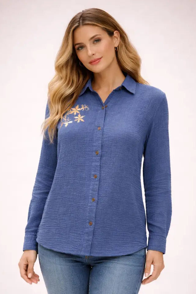 Embroidered Heart Western Shirt in Denim