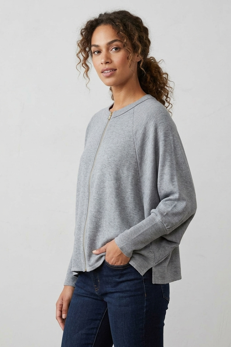 Crew neck Zip Front Cardigan with Bat wing Sleeve in Grey