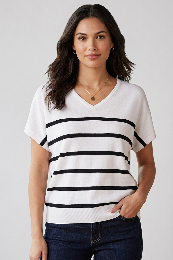 Dolman Sleeve striped V-Neck Sweater in White &amp; Black