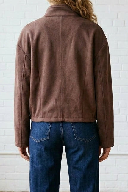 Faux Suede Pleated Bubble Hem Jacket in Brown