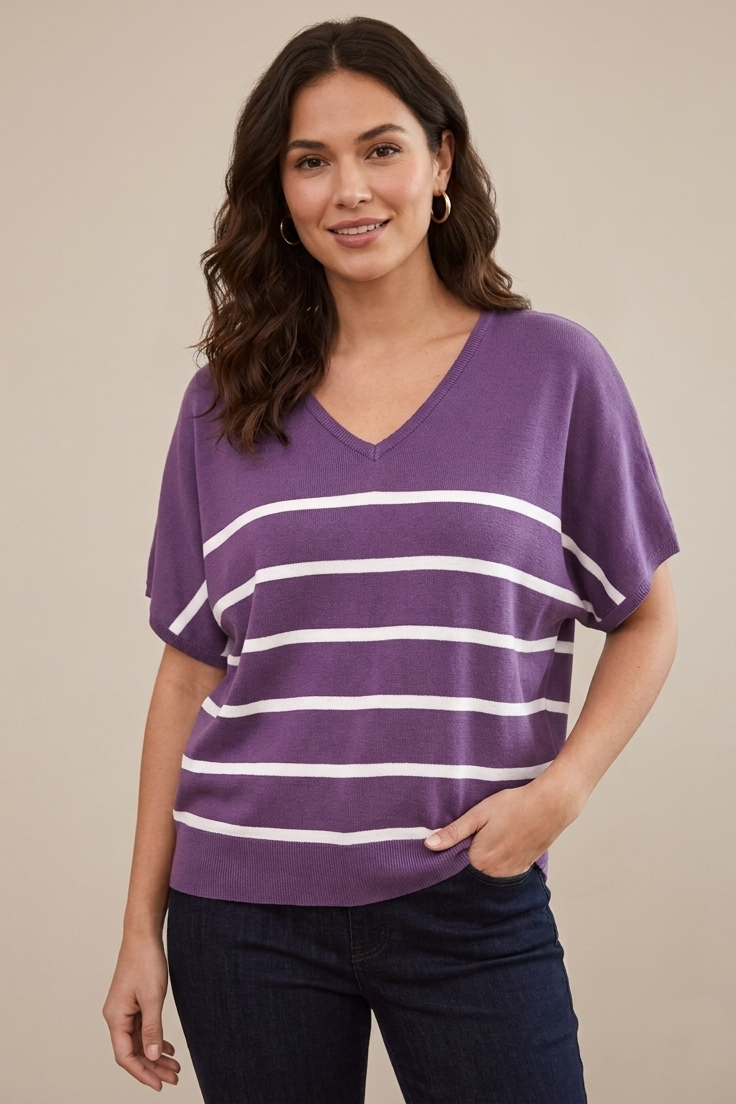 Short Dolman Sleeve V-Neck Sweater in Grape