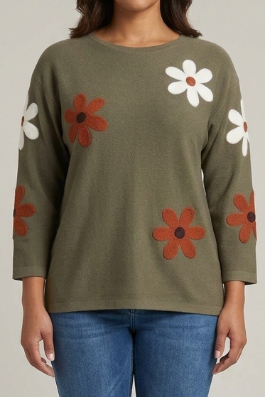 Floral Sweater with Boat Neck in Heather Morel