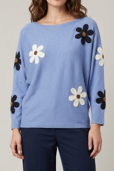 Floral Sweater with Boat Neck in Heather Colonial Blue