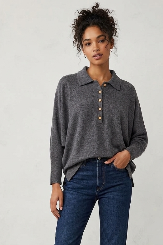 Polo collar top with oversize bat wing sleeve in Black