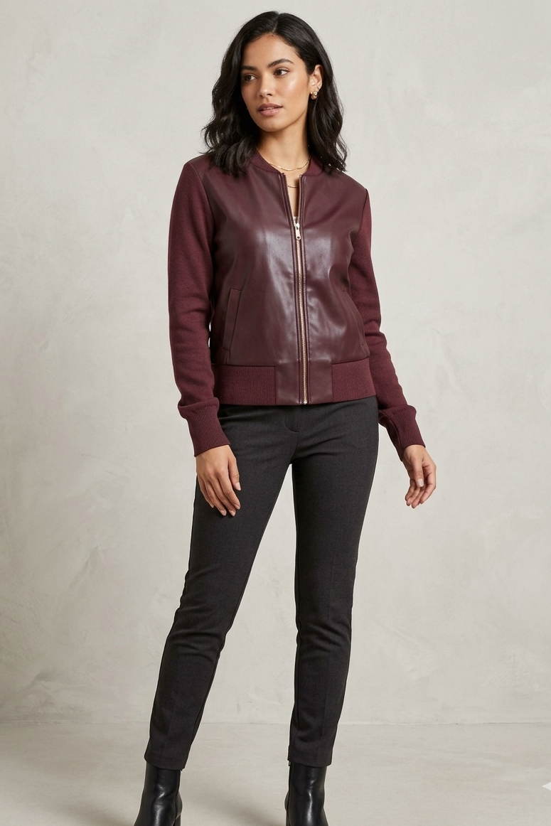 Double Knit Coated Zip Front Cardigan in Wine Leather