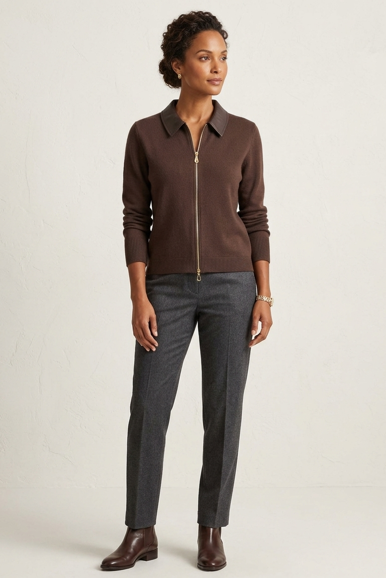 Double Knit Zip Cardigan with Coated Collar