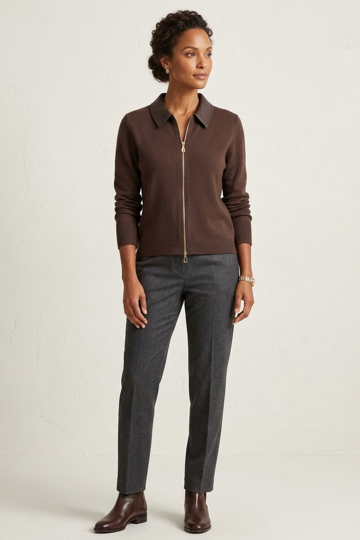 Double Knit Zip Cardigan with Coated Collar