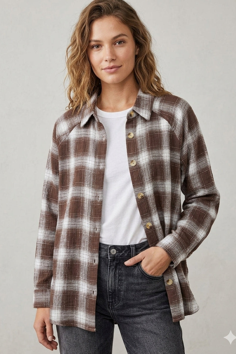 Flannel Shirt with Raglan Style Sleeve and Side Seam Pockets in Hot Fudge