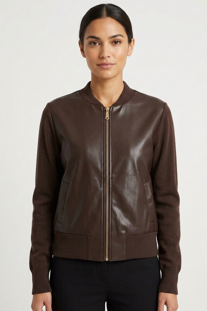 Double Knit Coated Zip Front Cardigan in Chocolate Truffle