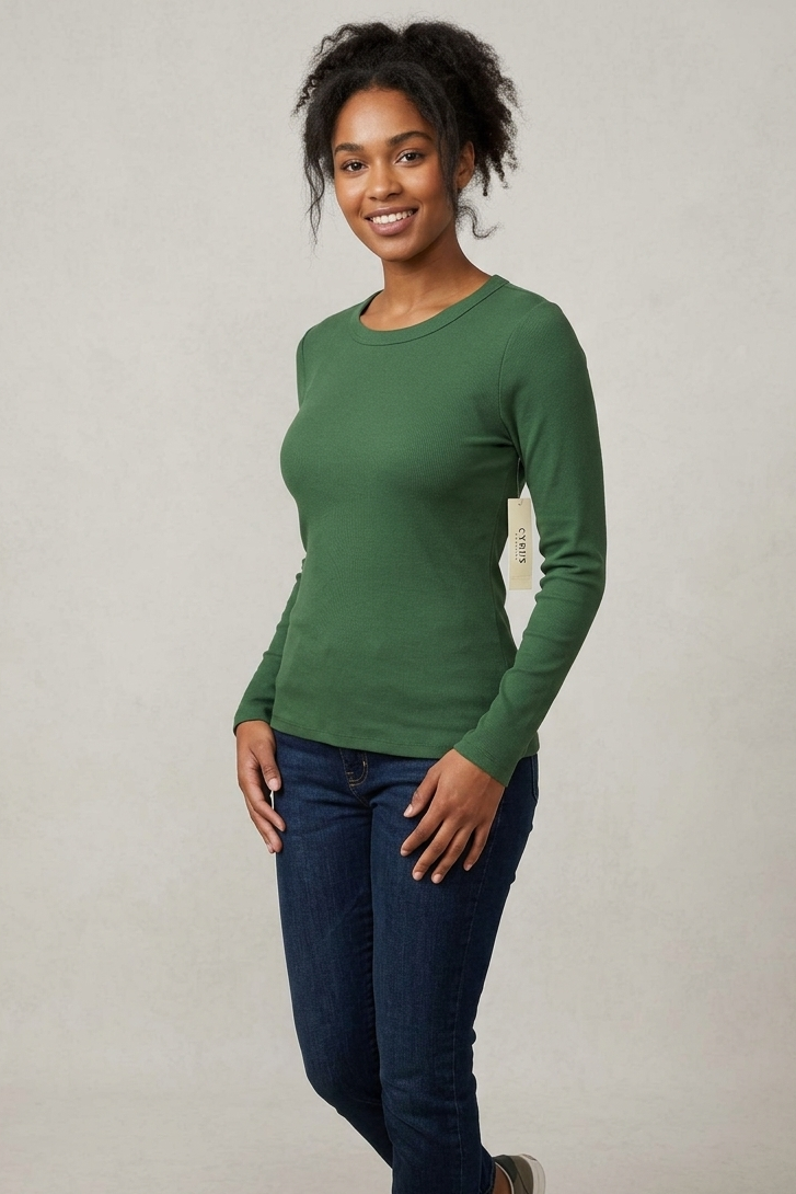 Long Sleeve Crew Neck Tee in Pesto