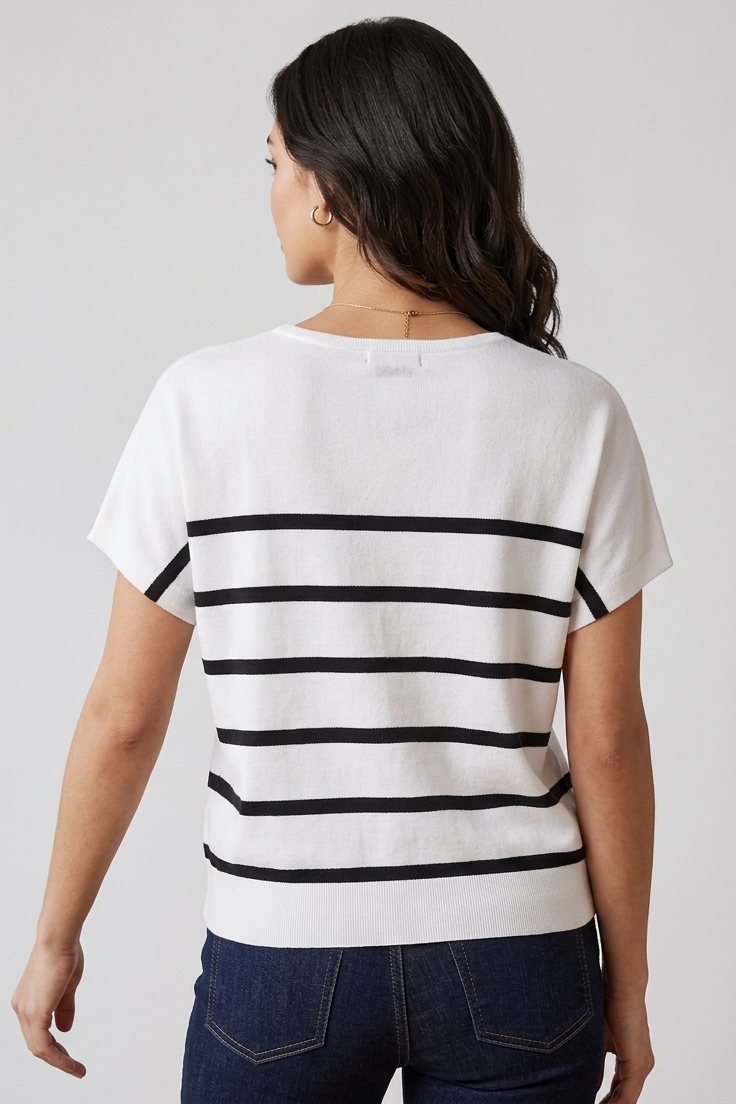 Dolman Sleeve striped V-Neck Sweater in White &amp; Black