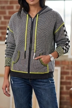 Birds Eye Zip Front Hooded Sweater in Charcoal