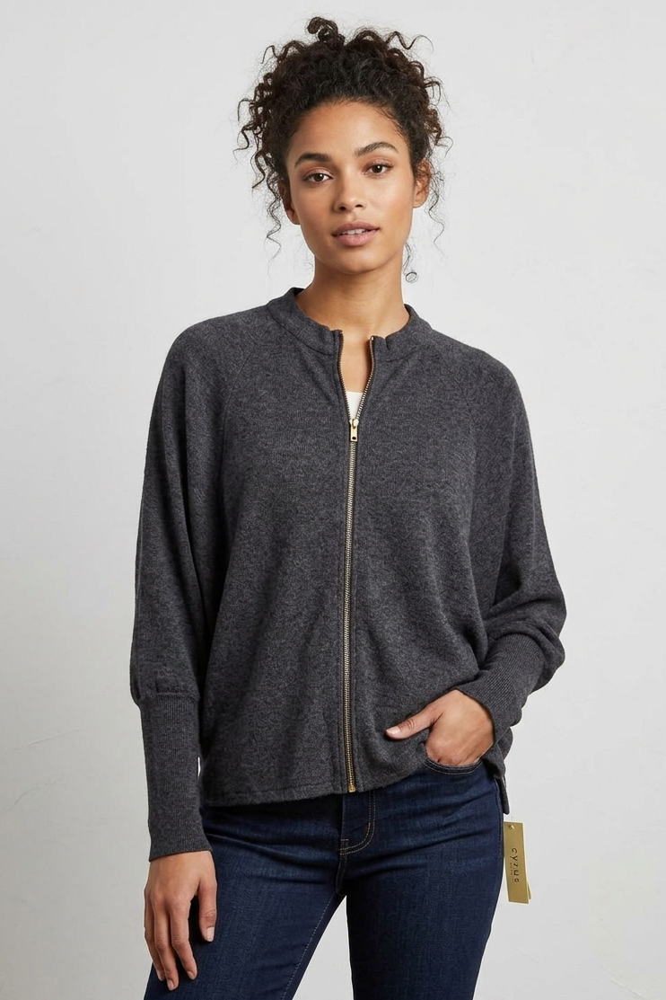Crew neck Zip Front Cardigan with Bat wing Sleeve in Black
