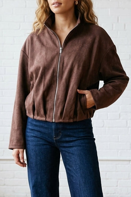 Faux Suede Pleated Bubble Hem Jacket in Brown